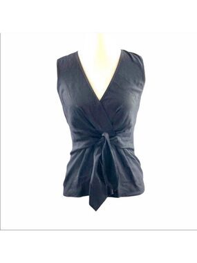 THEORY Linen Kenta Sleeveless Tank Top Blouse Tie Front Faux Wrap Black XS